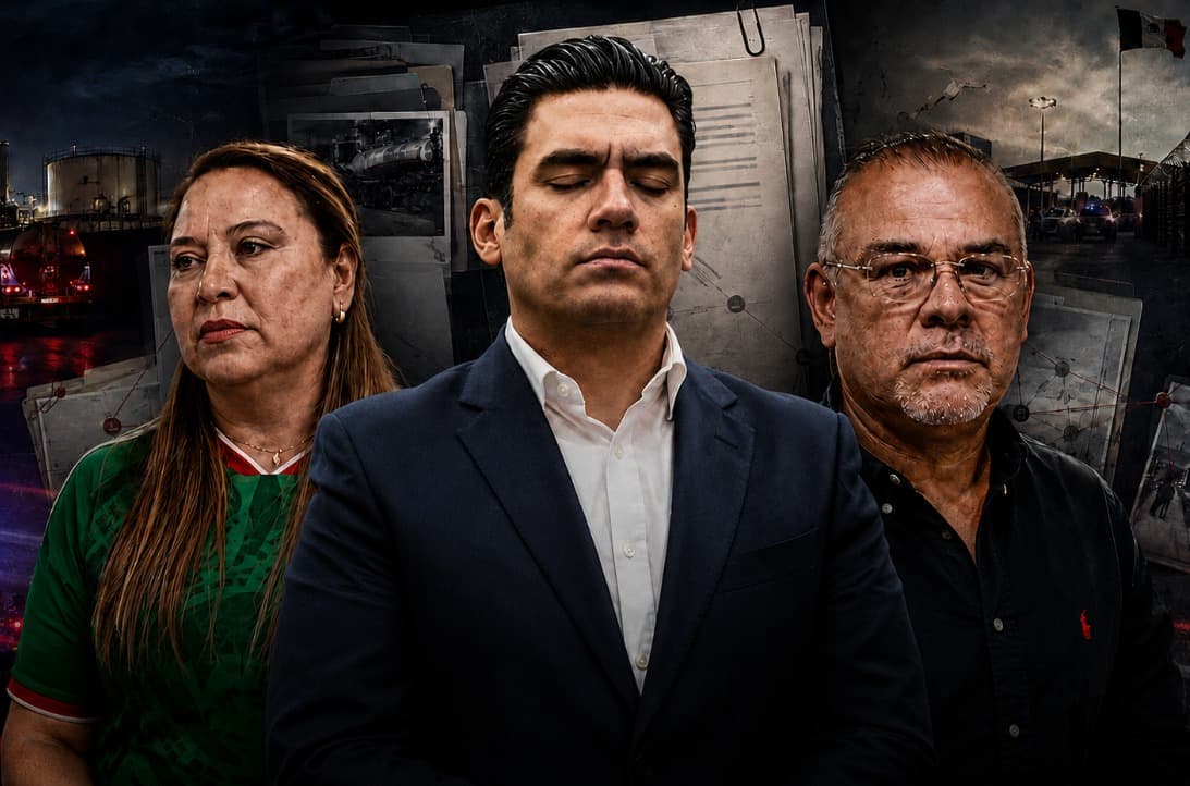 Tres personas de pie en primer plano, con expresiones serias, frente a un fondo de documentos y una escena urbana, reflejando tensión política.