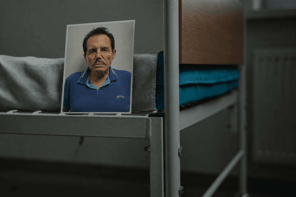 Ismael "El Mayo" Zambada en una fotografía, junto a una cama en un hospital penitenciario, reflejando su estado de salud deteriorado.