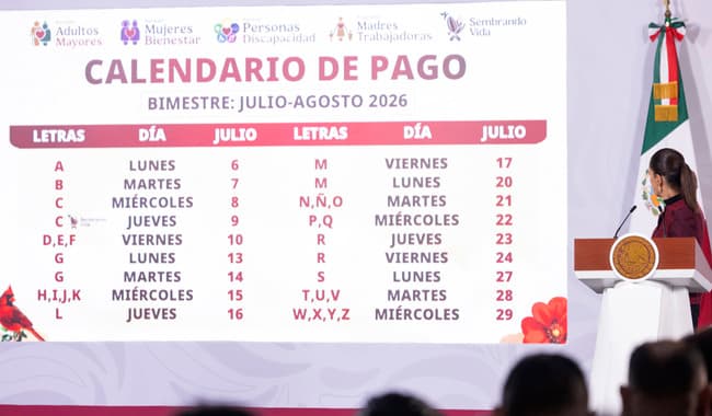 Calendario de pago para programas de bienestar en julio-agosto 2026, presentado en conferencia de prensa en Palacio Nacional.