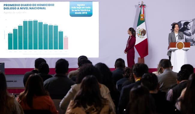 Presentación del Gabinete de Seguridad en Palacio Nacional, mostrando gráfico sobre la disminución de homicidios dolosos en México.